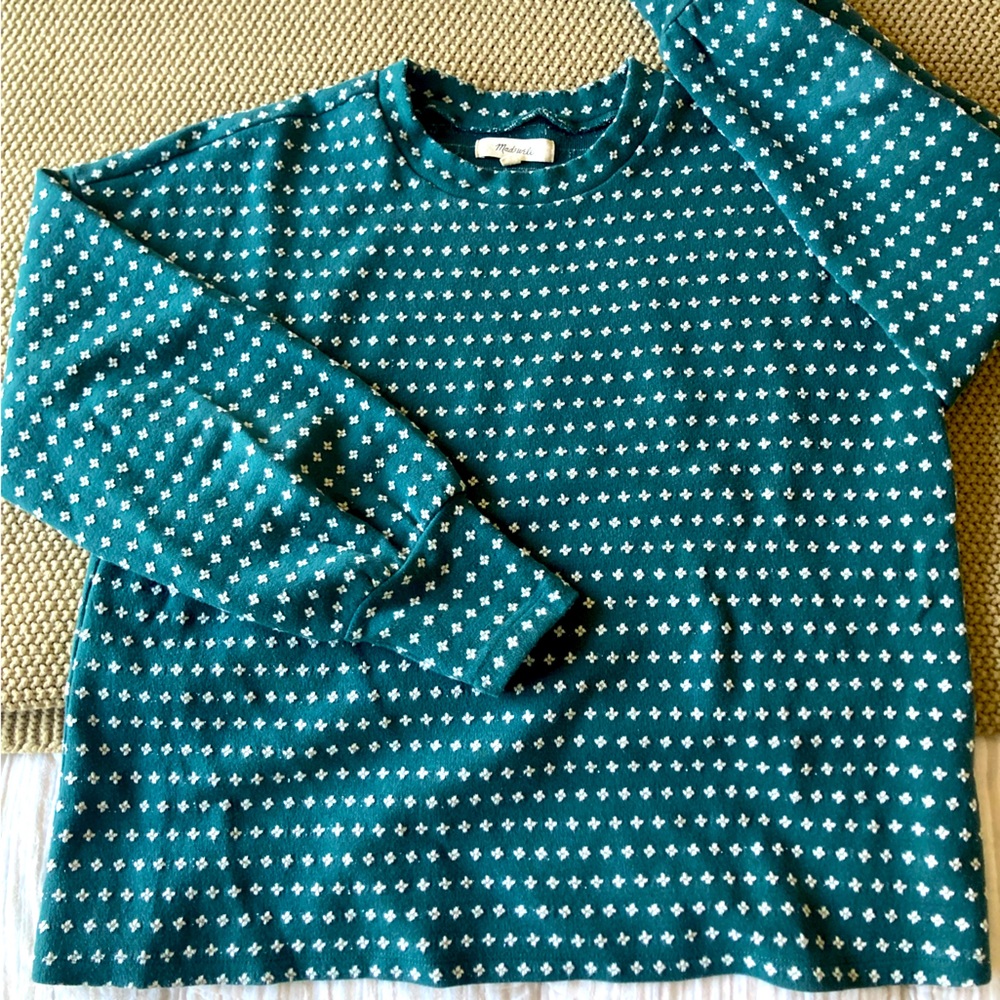 Madewell Teal Crewneck Sweater with White Geometric Dots